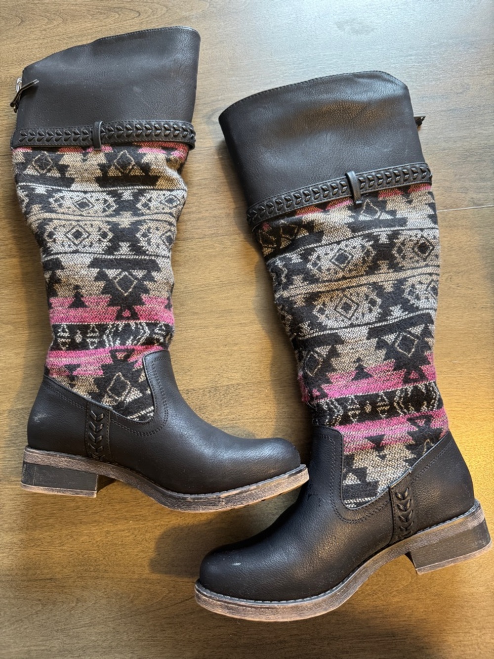 Women's Black & Pink Aztec Pattern Knee-High Boots